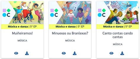 Imaxe que amosa tres portadas de Música e Danza 5º Primaria no repositorio de contidos