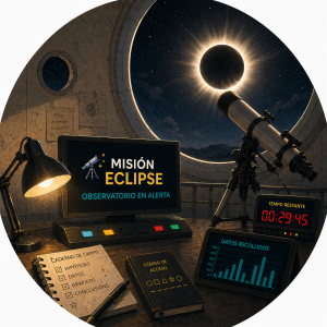 Ilustración circular dun observatorio astronómico visto desde o interior, cun telescopio apuntando a unha eclipse solar total visible a través dunha gran cúpula. Na sala hai unha mesa de traballo con pantallas, unha conta atrás activa, datos científicos e un caderno de investigación, creando unha ambientación de escape room centrada na observación da eclipse.