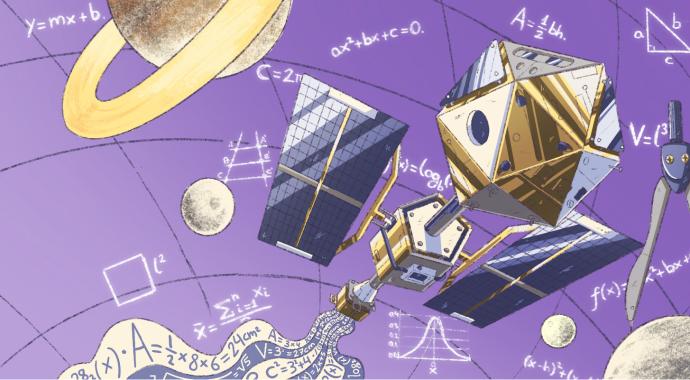 Portada da materia de Matemáticas que contén un debuxo a cor, con satélites, planetas, fórmulas e gráficas sobre unha porción dun globo terráqueo confondo violeta 
