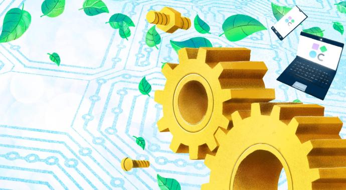Imaxe da portada da materia de Tecnoloxía e Dixitalización. Representa un debuxo a cor onde se amosan engrenaxes, un smartphone, un portátil, algunhas follas de plantas sobre un fondo que representa un circuíto